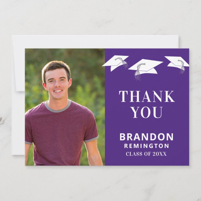 Minimal Graduation Cap Toss Purple Silver Tassel Thank You Card (Front)