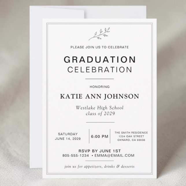 Minimal Graduation Celebration Invitation (Minimal graduation celebration invitation with black typography, thin border, and botanical leaf)