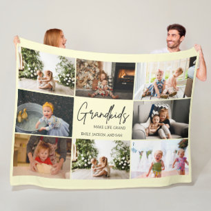 Minimal Grandkids Make Life Grand 8 Photo Collage Fleece Blanket