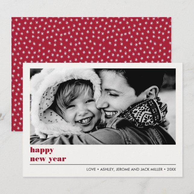 Minimal Graphic | Ruby red  Happy new Year Photo Card (Front/Back)