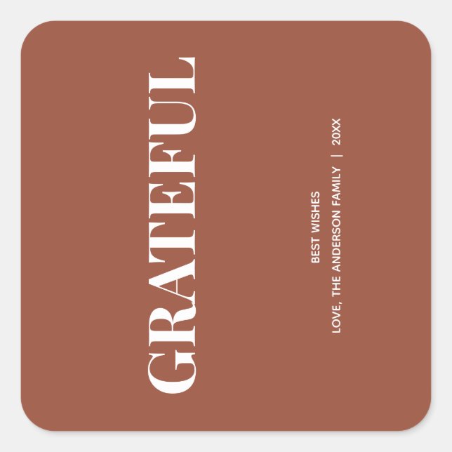 Minimal GRATEFUL | Terracotta Holiday Square Sticker (Front)