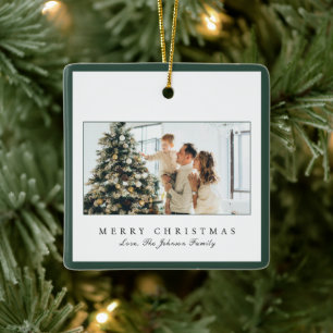 Minimal Green Border Photo Elegant Christmas Ceramic Ornament