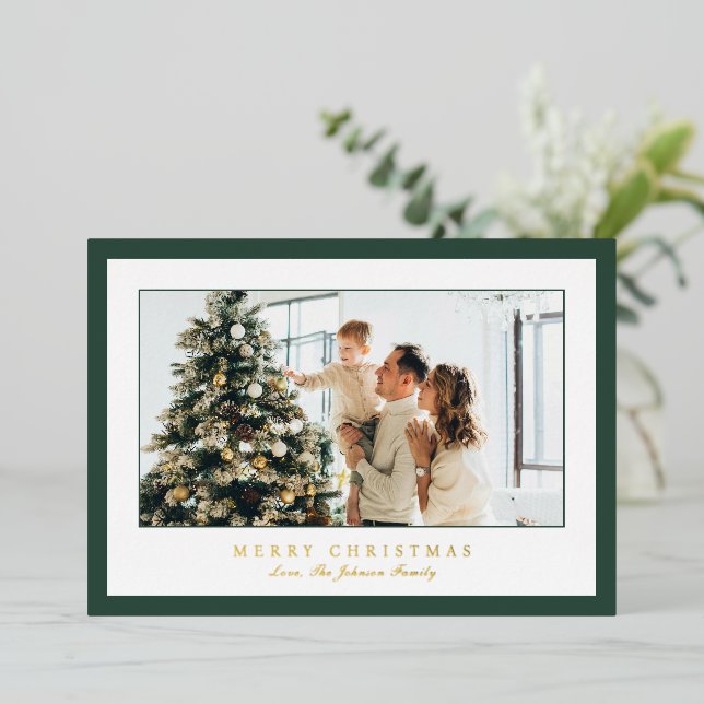 Minimal Green Border Photo Elegant Christmas Foil Holiday Card (Standing Front)