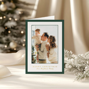Minimal Green Border Photo Elegant Christmas Foil Holiday Card