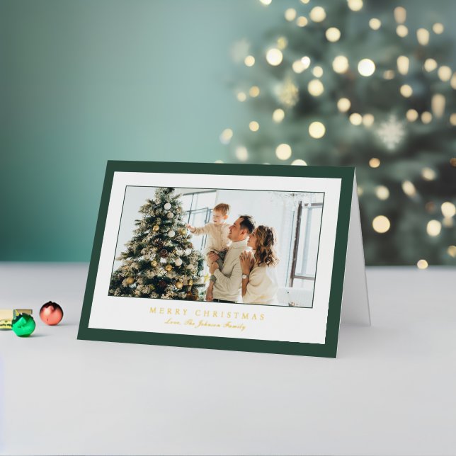 Minimal Green Border Photo Elegant Christmas Foil Holiday Card (Holiday In Situ 2)