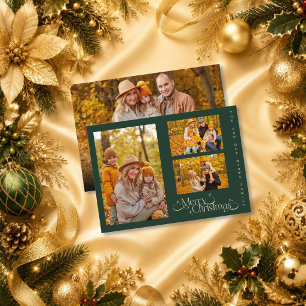 Minimal Green Family Four Photo Merry Christmas Holiday Card