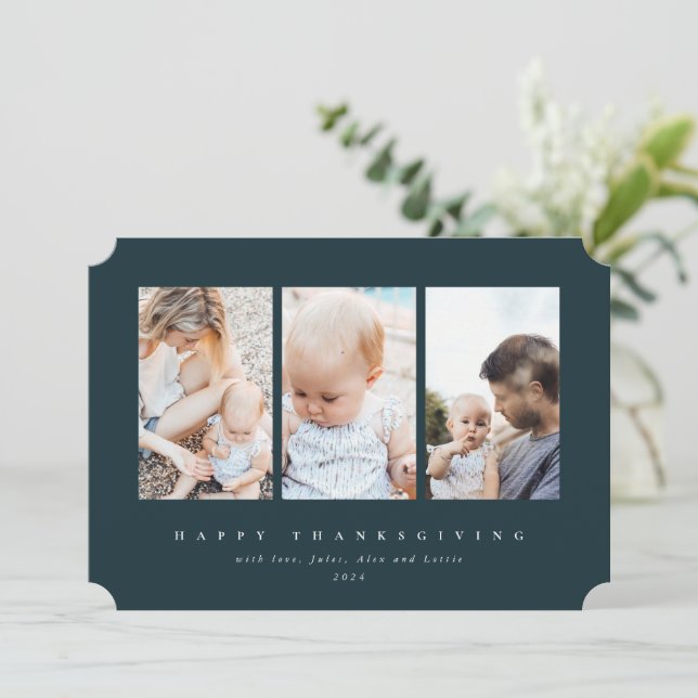 Minimal Green Frame 3 Photo Happy Thanksgiving Holiday Card (Standing Front)