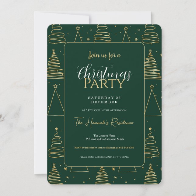 Minimal Green Gold Christmas Tree Invitation (Front)