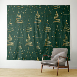 Minimal Green Gold Christmas Tree Tapestry