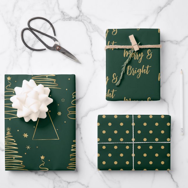 Minimal Green Gold Christmas Tree Wrapping Paper Sheet (Front)