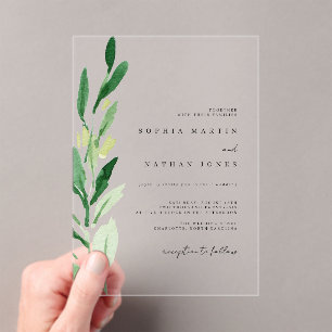 Minimal Green Leaf Watercolor Wedding  Acrylic Invitations