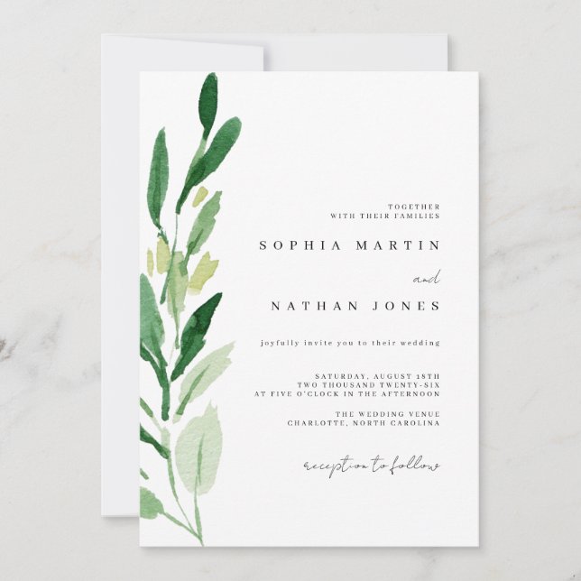 Minimal Green Leaf Watercolor Wedding Invitation (Front)