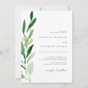 Minimal Green Leaf Watercolor Wedding Invitation