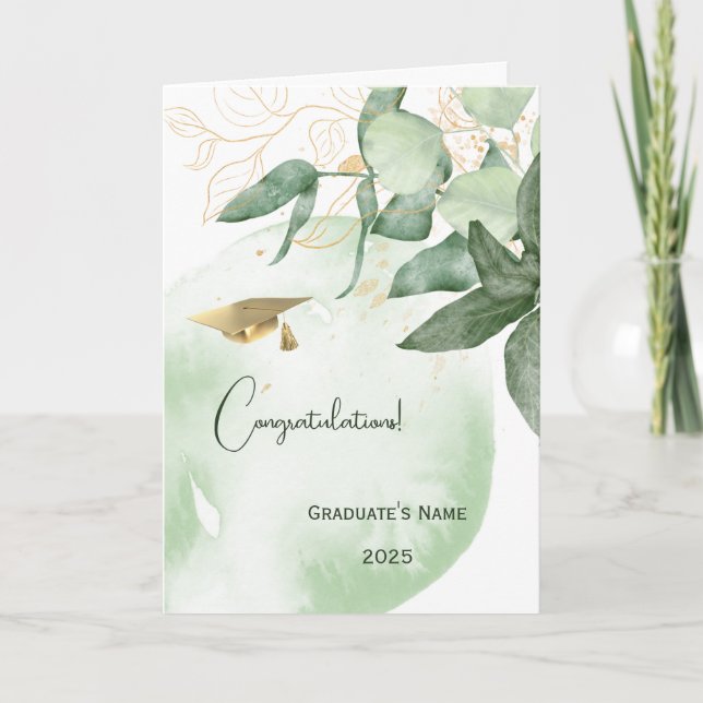 Minimal Green Leaves Personalised Graduation Card (Front)