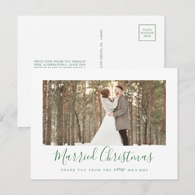 Minimal Green Married Christmas Newlywed Thank You Holiday Postcard (Front/Back)