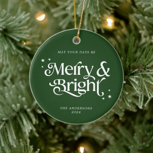 Minimal Green Merry & Bright Photo Christmas Ceramic Tree Decoration (Tree)