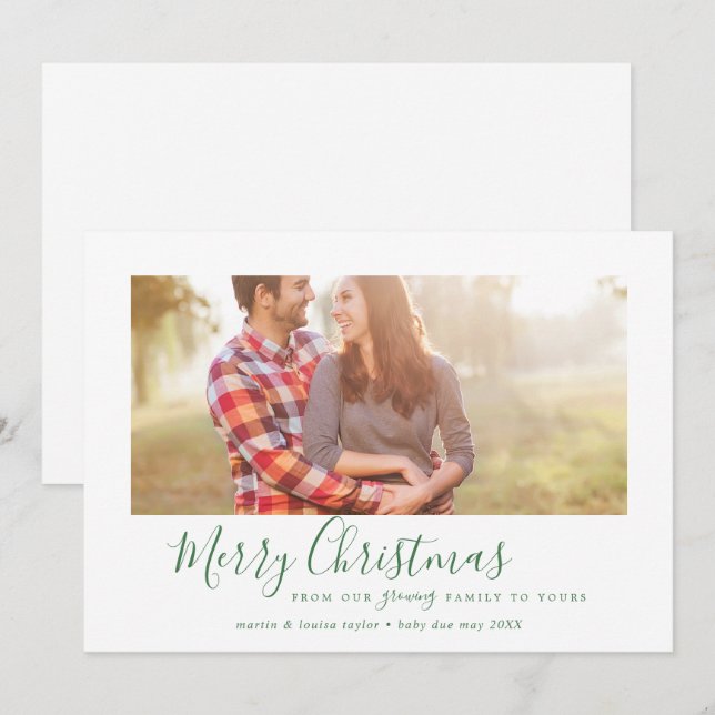 Minimal Green Merry Christmas Our Growing Family Holiday Card (Front/Back)