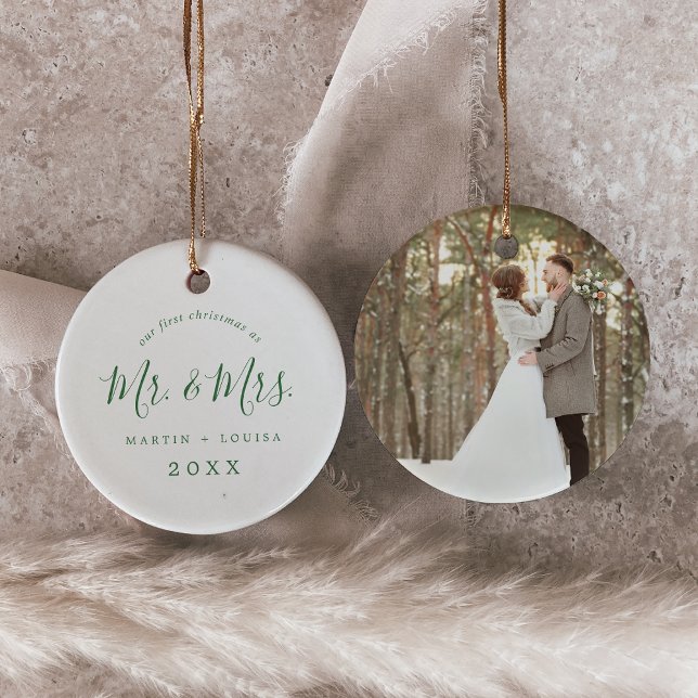 Minimal Green Newlywed 1st Christmas Wedding Photo Ceramic Tree Decoration (Creator Uploaded)