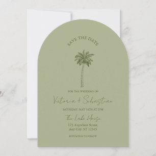 Minimal Green Palm Tree Beach Save The Date Invitation
