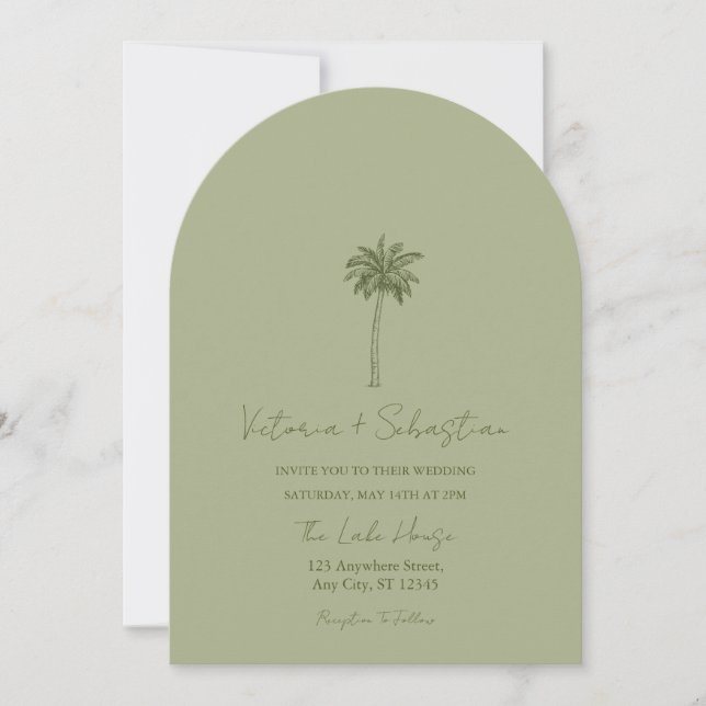 Minimal Green Palm Tree Beach Wedding Invitation (Front)