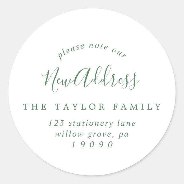 Minimal Green Please Note Our New Address Envelope Classic Round Sticker (Front)
