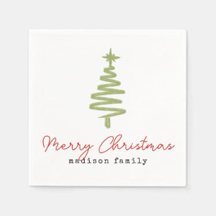 Minimal Green & Red Christmas Tree Family Holiday Napkin