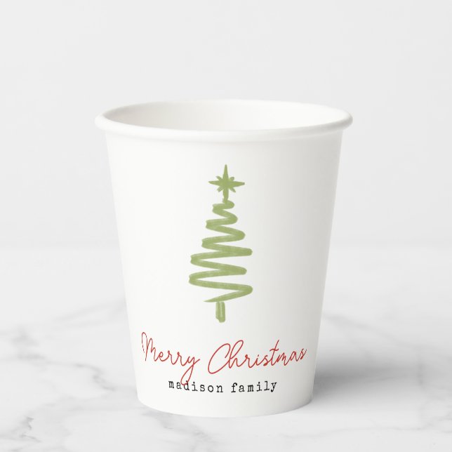 Minimal Green & Red Christmas Tree Family Paper Cups (Front)