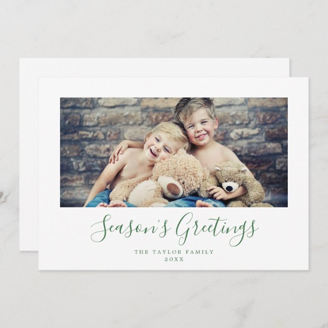 Minimal Green Season's Greetings Horizontal Photo Holiday Card (Front/Back)
