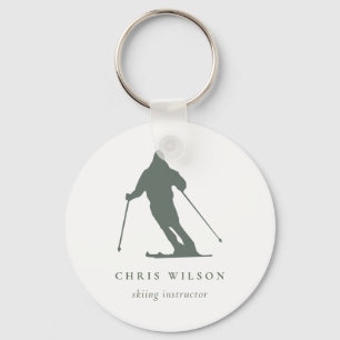 Minimal Green Skiing Silhouette Instructor Coach Key Ring