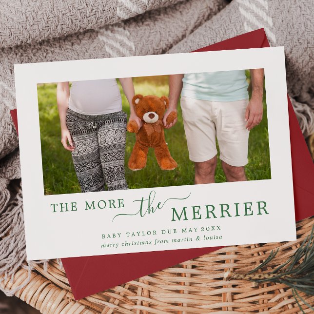 Minimal Green The More The Merrier Pregnancy Photo Holiday Card (Creator Uploaded)