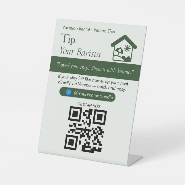 Minimal Green Tip Your Barista QR Code Sign  (Front)