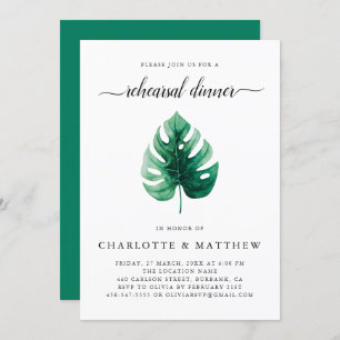Minimal Green Tropical Leaf  Rehearsal Dinner Invitation