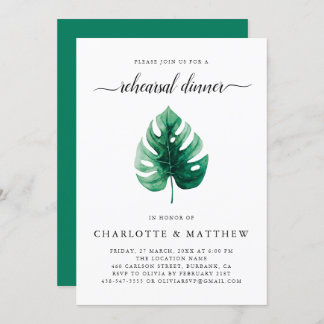 Minimal Green Tropical Leaf Rehearsal Dinner Invitation