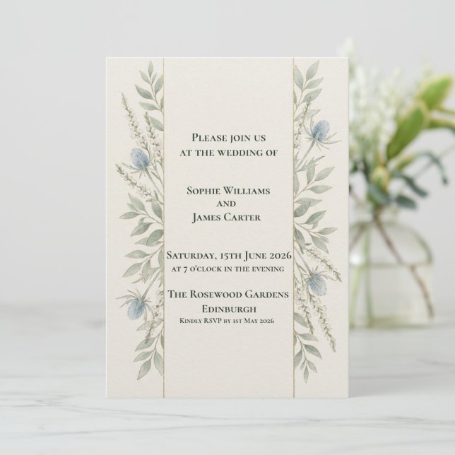 Minimal Green Vine Botanical Thistle Scottish Wedd Invitation (Standing Front)