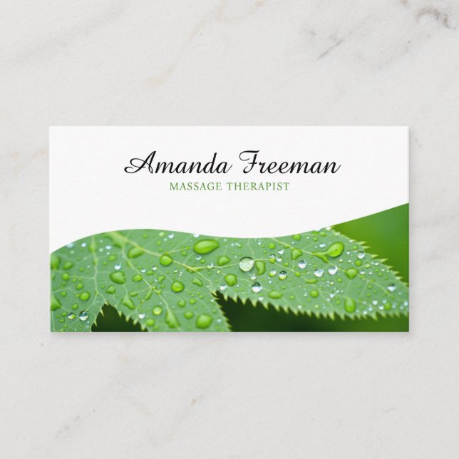 Minimal Green Water Droplets Massage Therapy Business Card (Front)