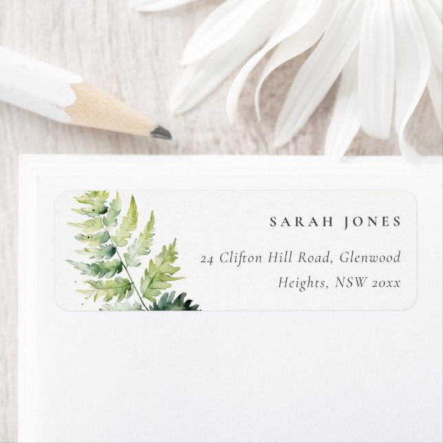 Minimal Green Watercolor Fern Foliage Address (Insitu)
