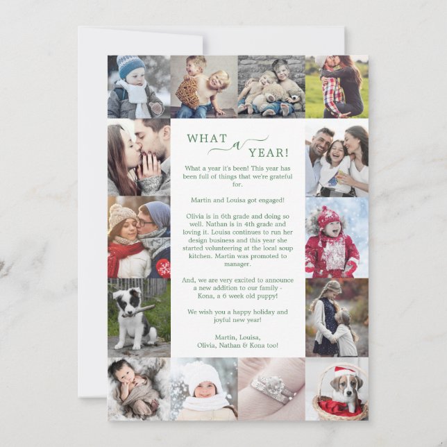 Minimal Green What A Year Photo Collage Christmas Holiday Card (Back)