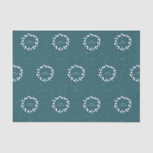 Minimal Green + White Merry Christmas Holly Wreath Tissue Paper (Front)
