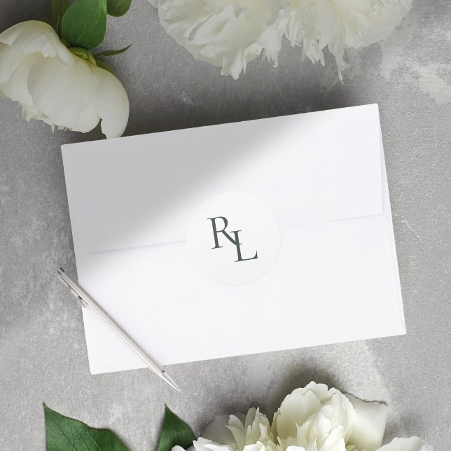 Minimal Green & White Wedding Couple Initials  Classic Round Sticker (Creator Uploaded)