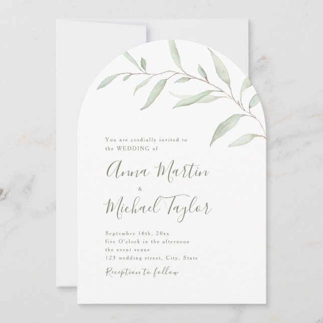 Minimal greenery calligraphy rustic sage wedding invitation (Front)