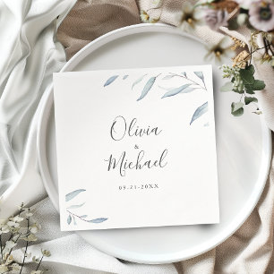 Minimal greenery dusty blue rustic wedding napkin