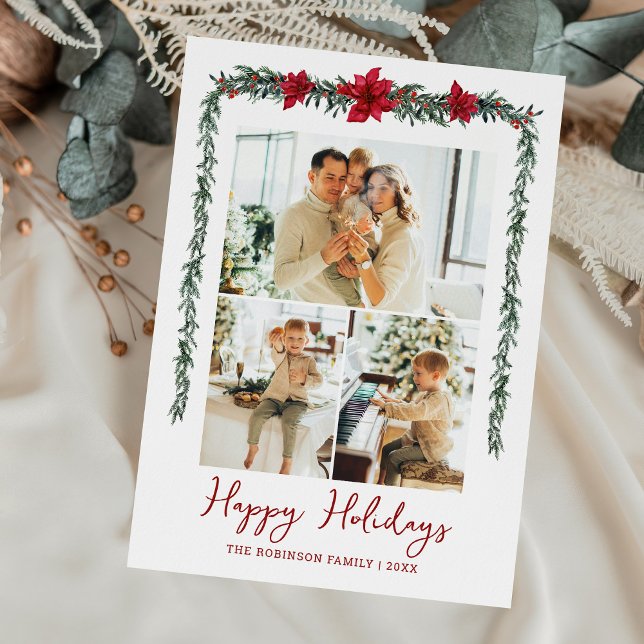 Minimal Greenery Garland Happy Holidays 3 Photo Holiday Card (Creator Uploaded)