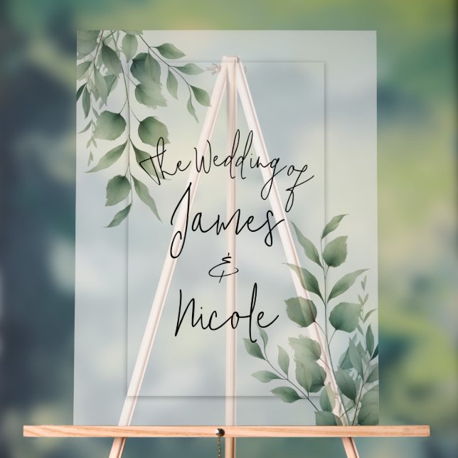 Minimal Greenery Leaves Modern White Wedding Acrylic Sign (Neutral)