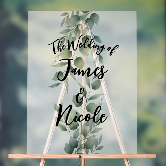 Minimal Greenery Leaves Modern White Wedding Sign (Neutral)