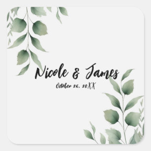 Minimal Greenery Leaves Modern White Wedding Square Sticker