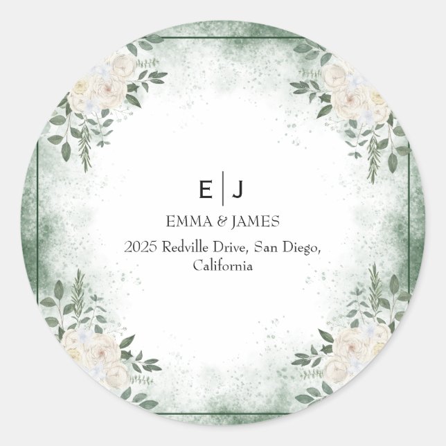 Minimal Greenery Monogram Round Sticker (Front)