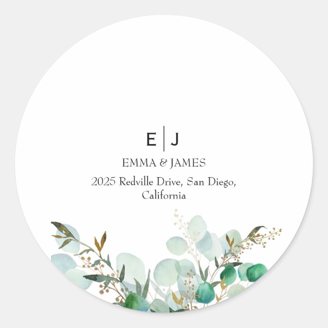 Minimal Greenery Monogram Round Sticker (Front)