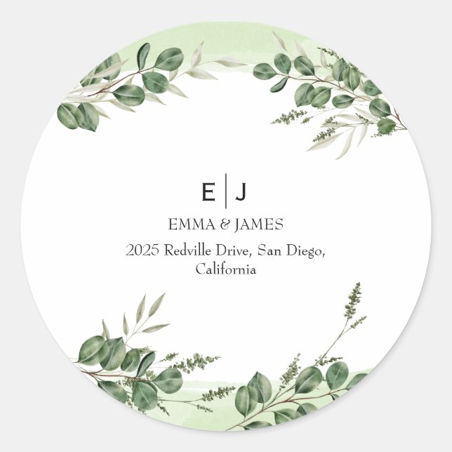 Minimal Greenery Monogram Round Sticker (Front)