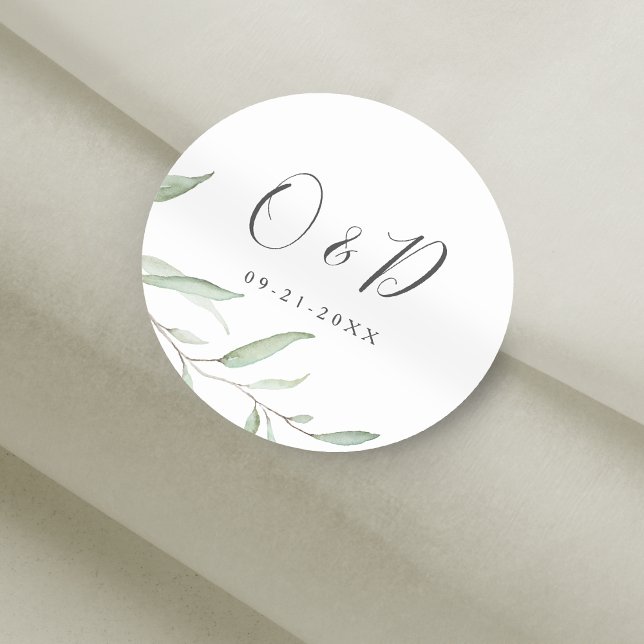 Minimal greenery monogram wedding favour classic round sticker (Minimal greenery monogram wedding favor classic round sticker)