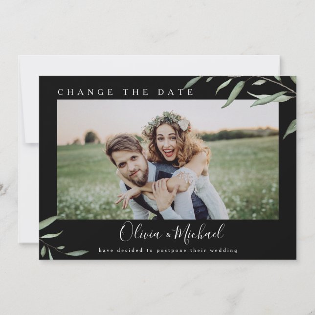 Minimal greenery photo change the date Postponed Invitation (Front)